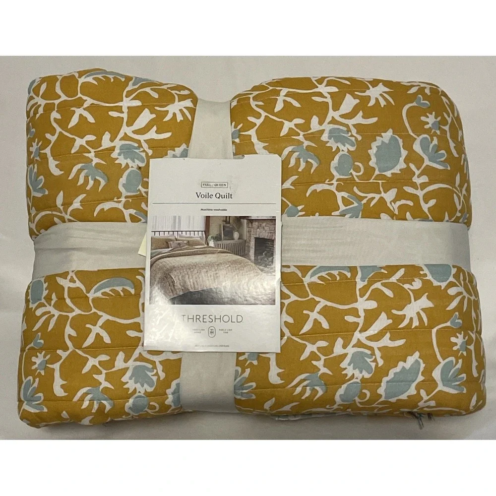 NEW Threshold Full/Queen Earthy Vines Quilt 100% Cotton Mustard Yellow Teal NWT